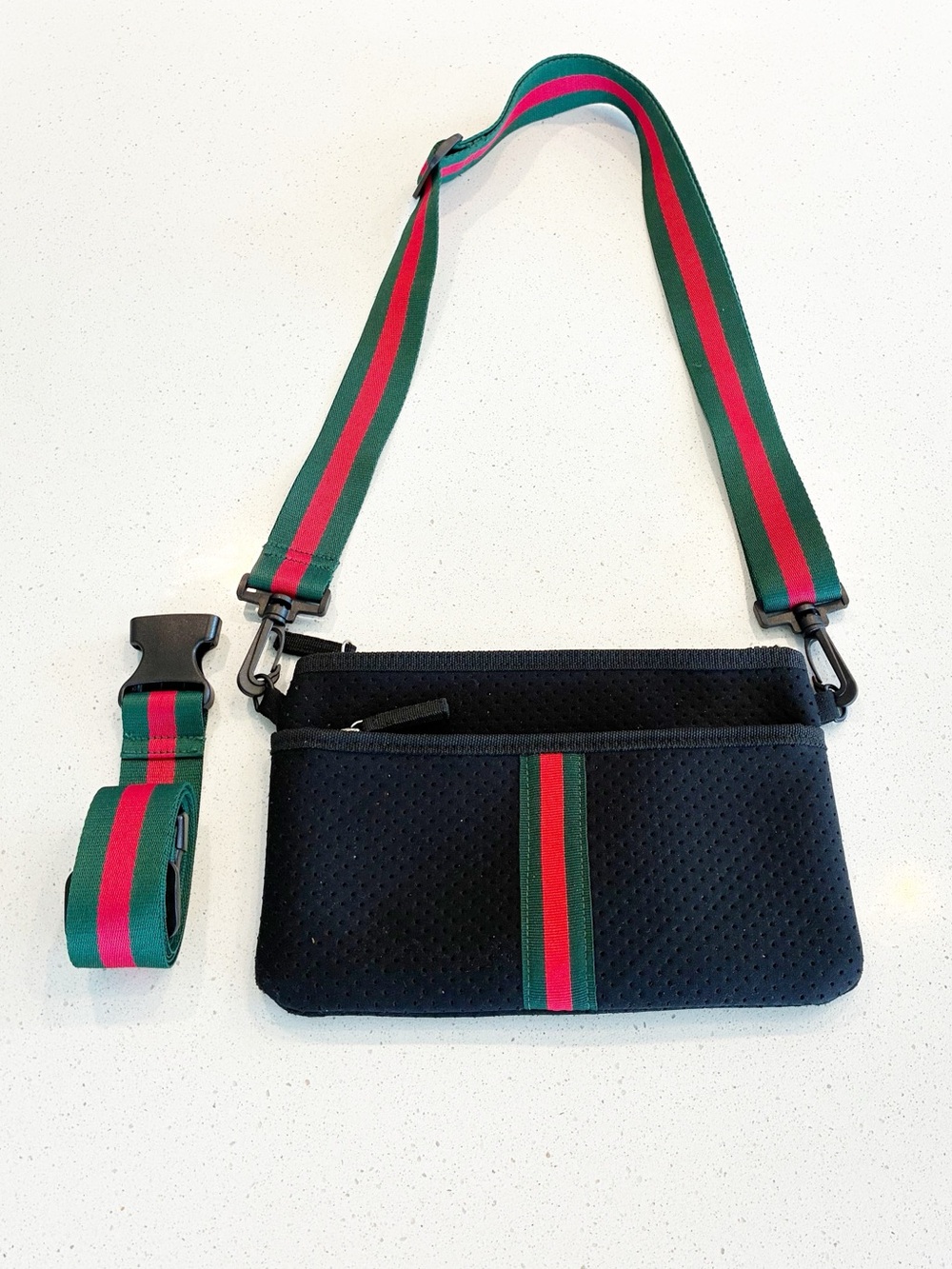 Black Crossbody Neoprene Pouch with Green and Red Stripe Adjustable Strap - Picture 2 of 15